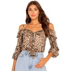 Snakeskin Cold-Shoulder Tie-Front Blouse Lg